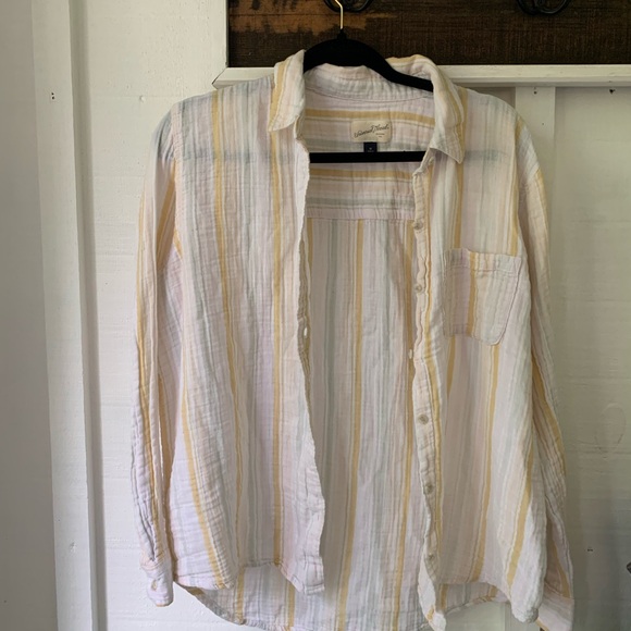 Cotton Button-up Shirt Pastel Yellow Pink Beach Cover-up coastal granddaughter - Picture 2 of 5